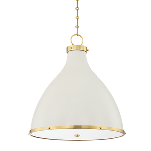 Painted No. 3 Pendant 22.5" in aged brass shown from a second angle to highlight the shade shape and metal detail.