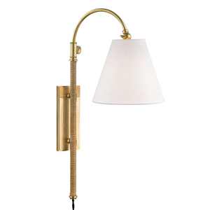 Curves No.1 Plug-In Sconce in aged brass — a Hudson Valley plug-in sconce for bedrooms, living rooms, and reading nooks at Laurie Yapp Home.