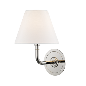 Signature No.1 Wall Sconce 8" x 11.25" in Aged Brass shown from the front to reveal the arm curve and shade silhouette.