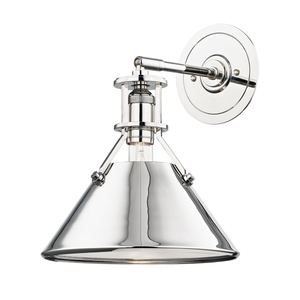 Metal No. 2 Wall Sconce in polished nickel shown from the front to reveal the arm curve and shade silhouette.