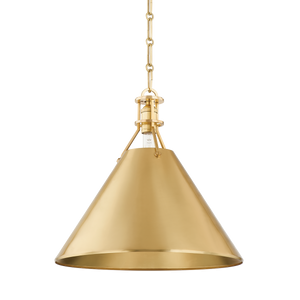 Metal No. 2 Pendant 16" in aged brass shown from a second angle to highlight the shade shape and metal detail.
