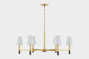 Montreal Chandelier 40" in aged brass shown from a second angle to highlight the frame, arms, and shade detail.
