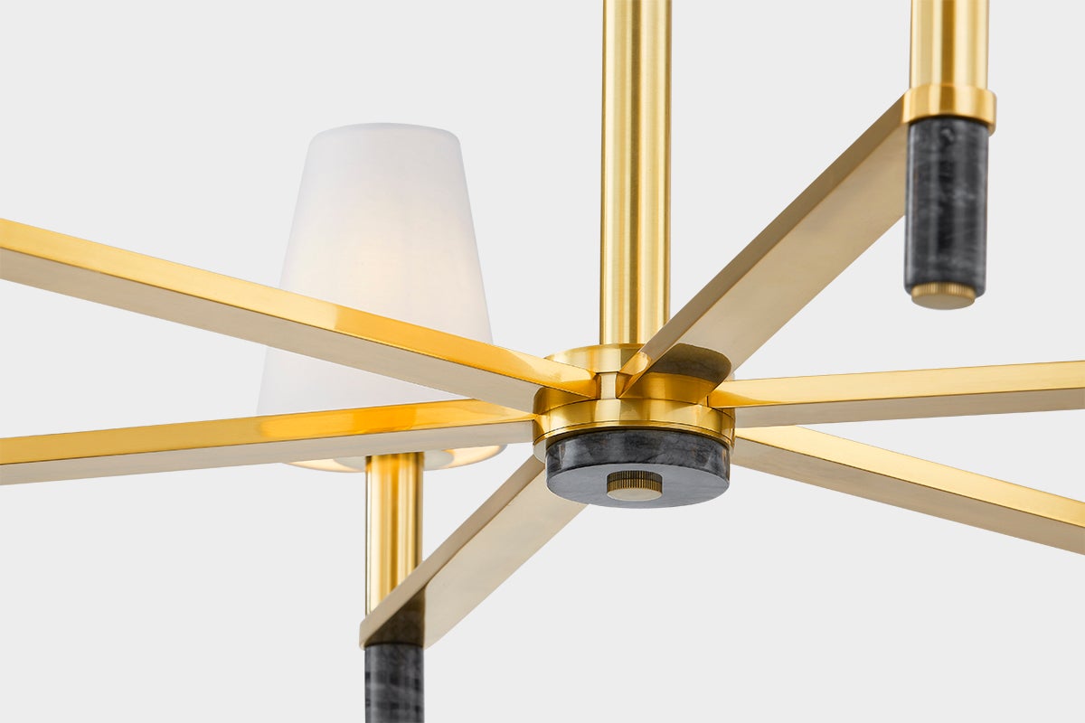 Montreal Chandelier 40" in aged brass shown from the front to reveal the frame, arms, and shade detail.