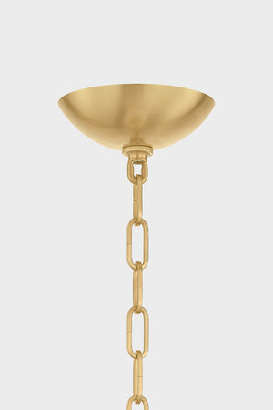 Moore Pendant 12" in aged brass shown from a second angle to highlight the shade shape and metal detail.