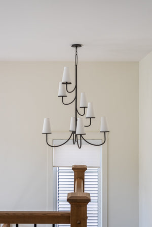 Marcel Chandelier 36" x 48.75" styled in an elegant dining room for warm, layered light at Laurie Yapp Home.