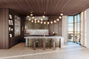 Nephele Chandelier 10" x 29.75" styled in an elegant dining room for warm, layered light at Laurie Yapp Home.