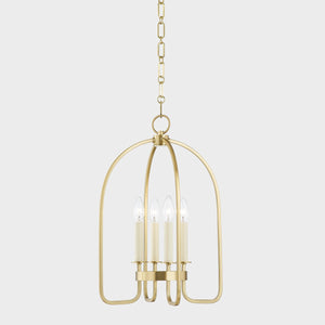 Oakville Lantern 14.25" in aged brass shown from a second angle to highlight the frame and glass panel detail.