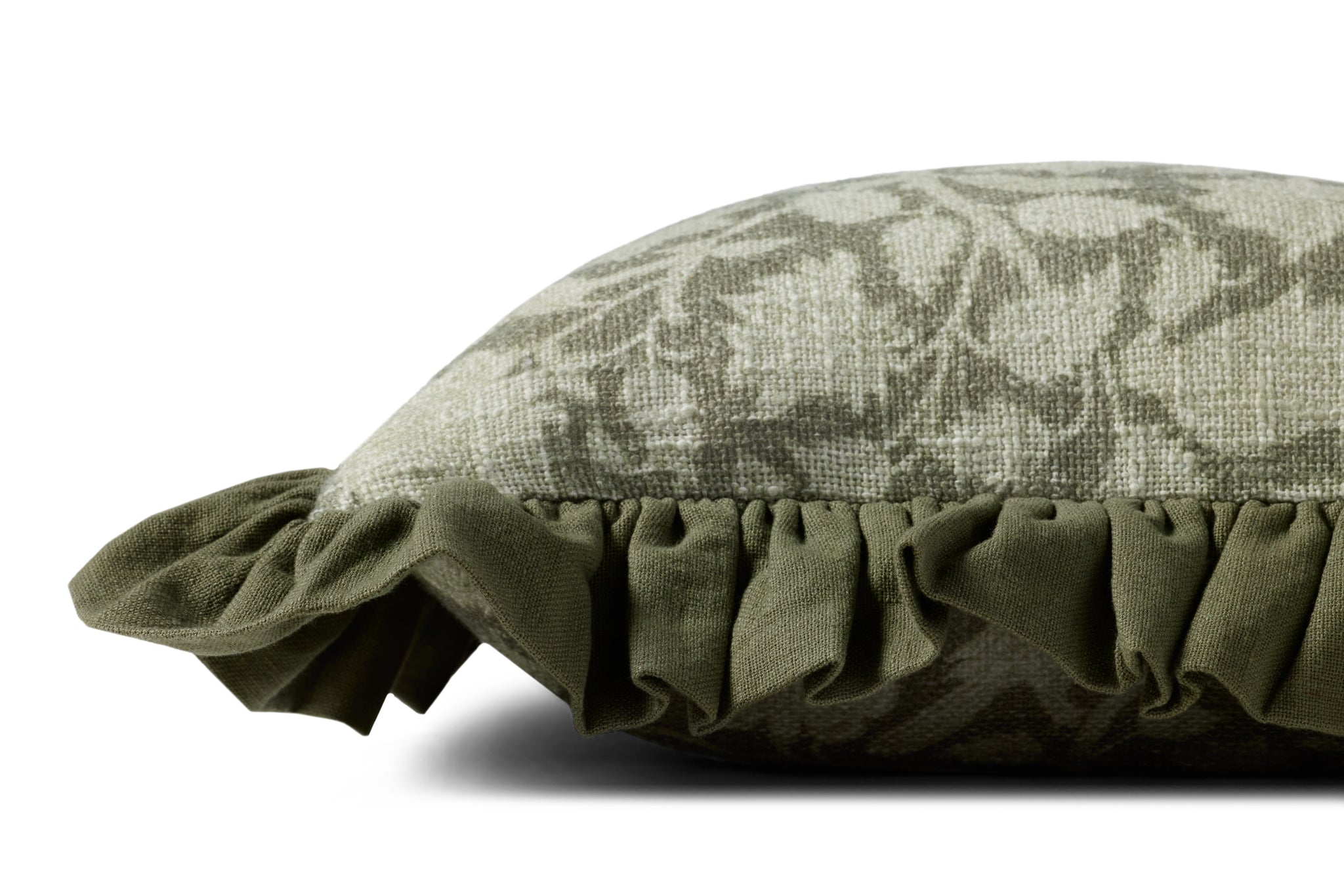 Kathleen Green Pillow shown from a different angle to reveal its pattern.
