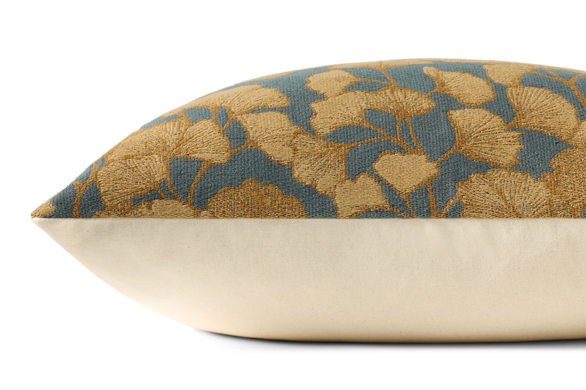 Fawn Blue / Gold Pillow shown from a different angle to reveal its pattern.