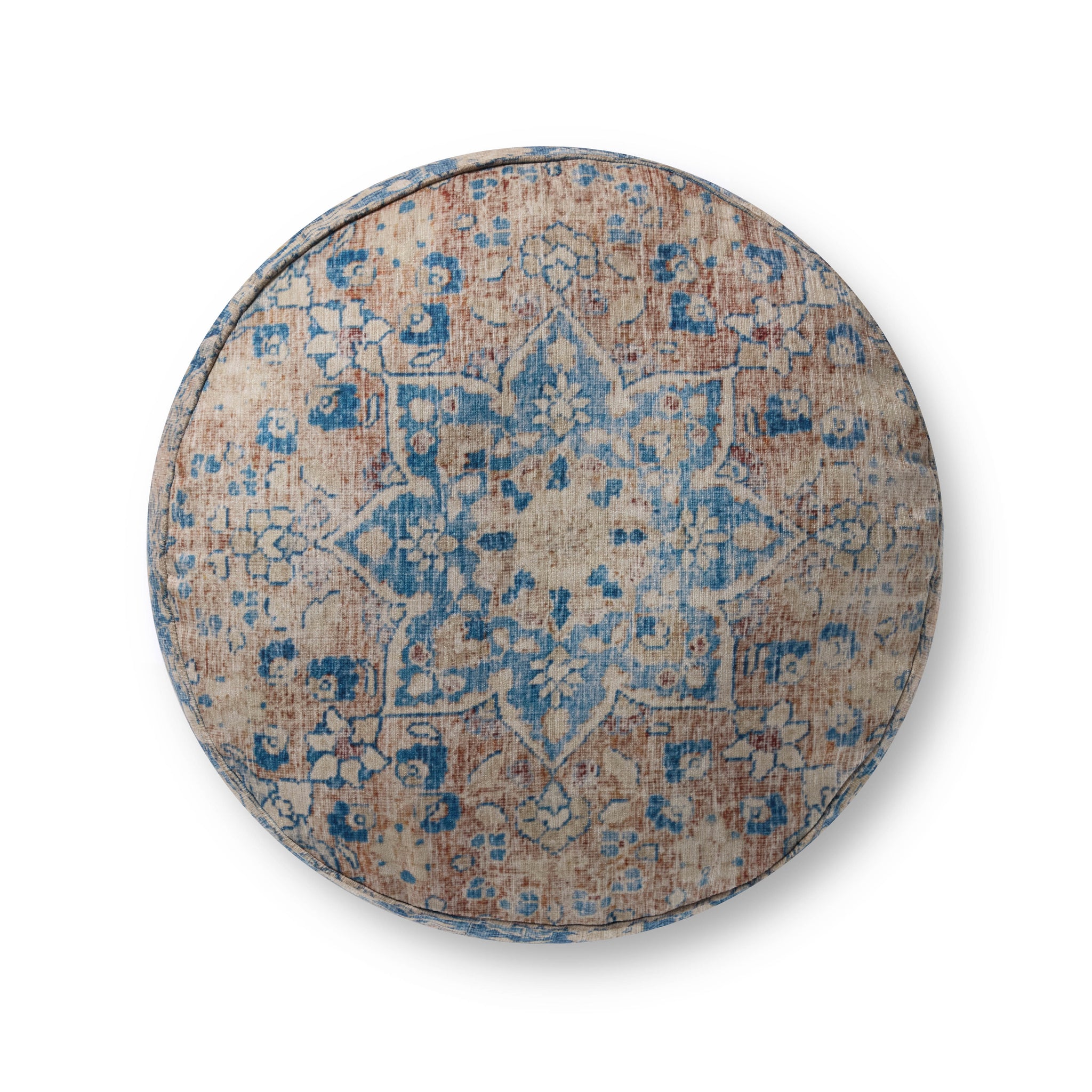 Blue / Tangerine Pouf shown from a different angle to reveal its pattern.