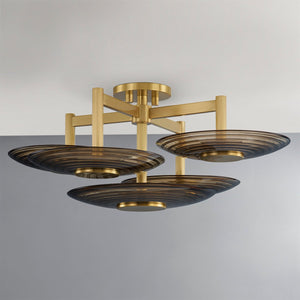 Close-up of the Griston Semi Flush 28" in aged brass showing the shade profile and mounting canopy.
