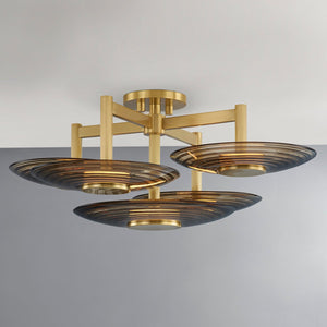 Close-up of the Griston Semi Flush 28" in aged brass showing the shade profile and mounting canopy.