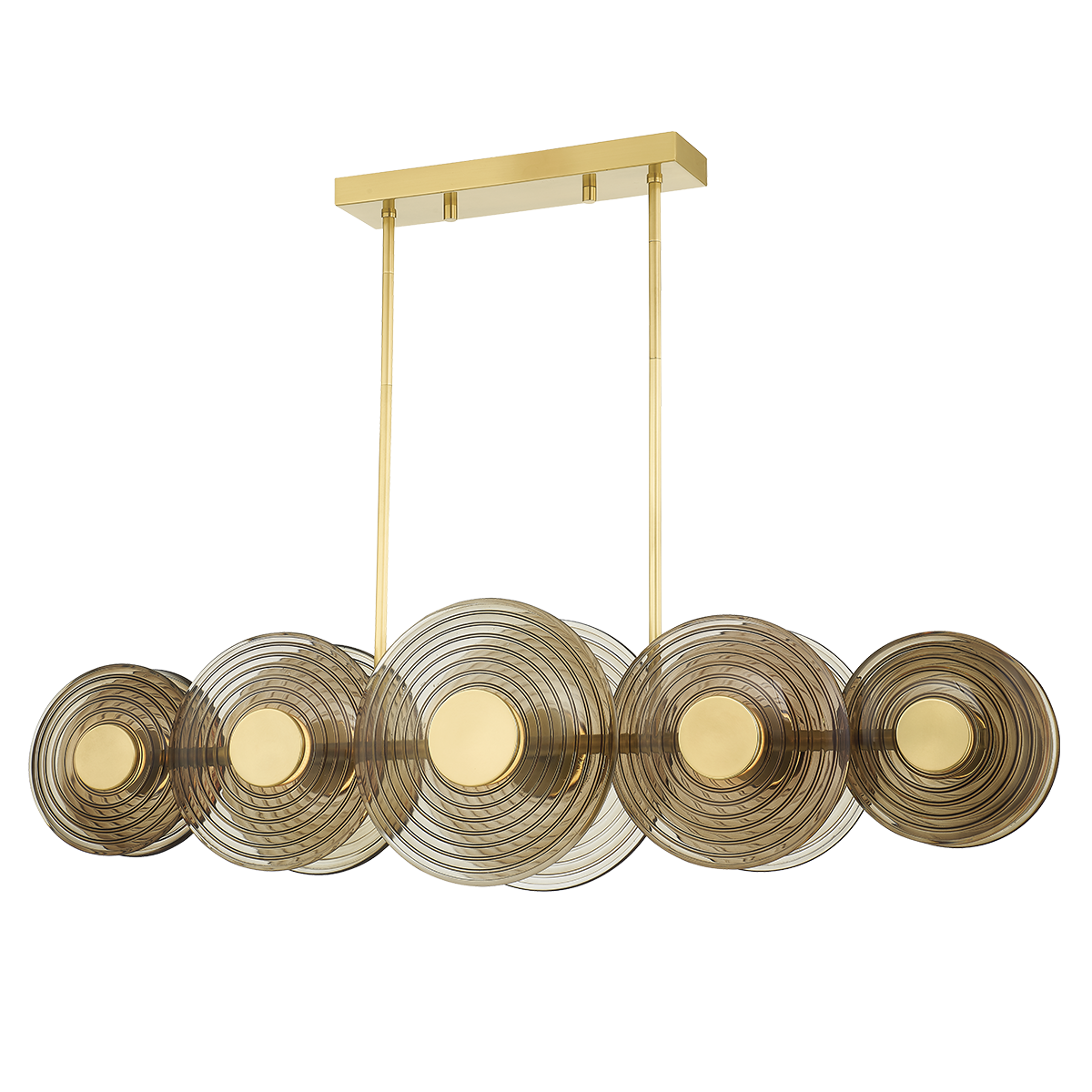Griston Linear in aged brass — a Hudson Valley linear for dining rooms, kitchen islands, and long consoles at Laurie Yapp Home.
