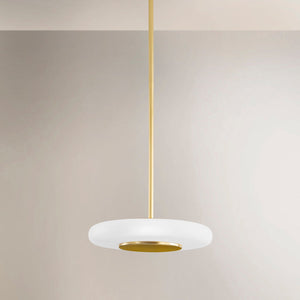 Close-up of the Blyford Pendant 15.5" in aged brass showing the shade shape and metal detail.