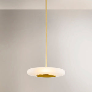 Close-up of the Blyford Pendant 15.5" in aged brass showing the shade shape and metal detail.