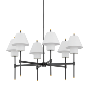 Glenmoore Chandelier 34.75" x 26.25" in aged brass shown from a second angle to highlight the frame, arms, and shade detail.