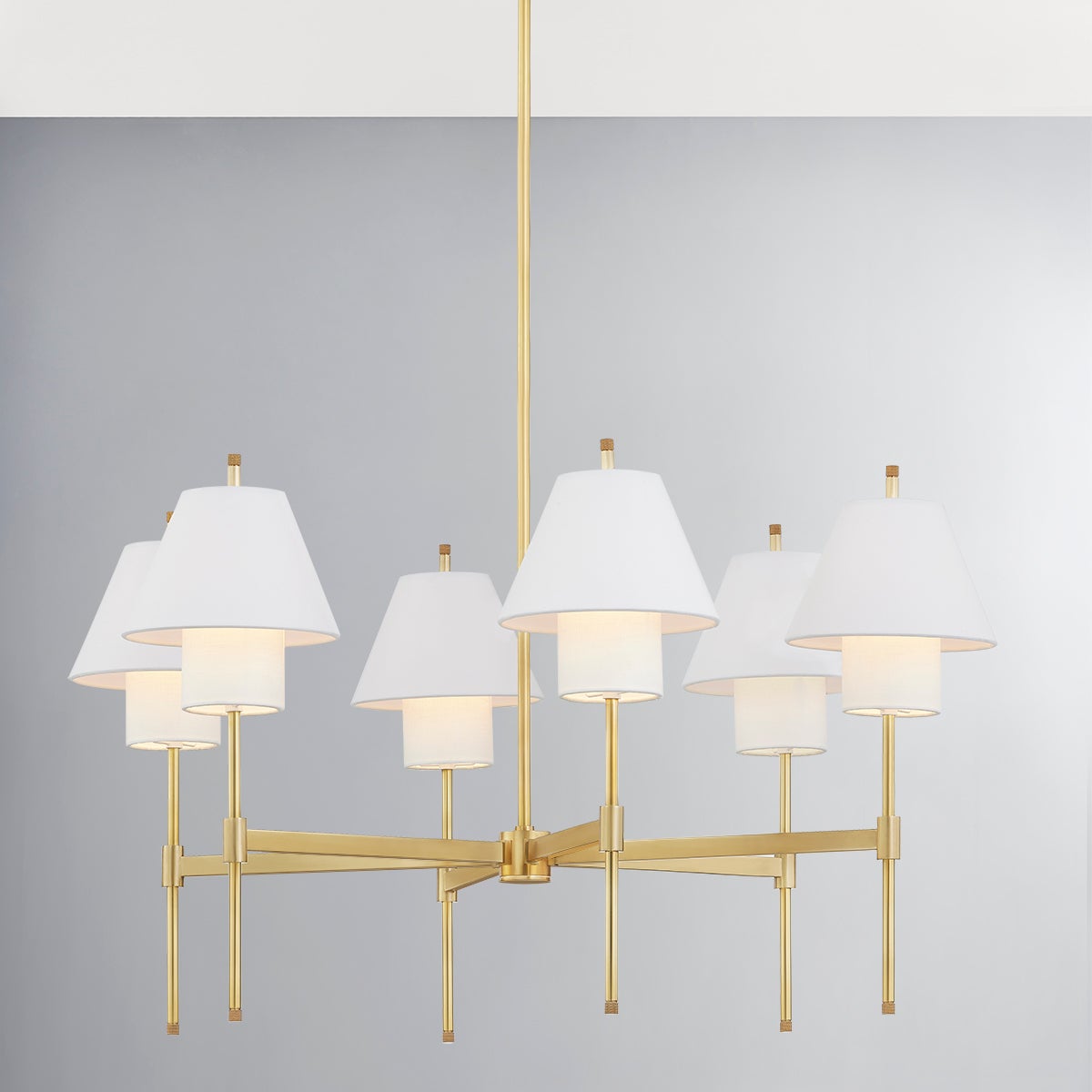 Close-up of the Glenmoore Chandelier 34.75" x 26.25" in aged brass showing the frame, arms, and shade detail.