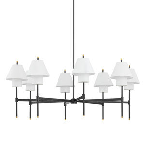 Glenmoore Chandelier 48.5" x 26.25" in aged brass shown from a second angle to highlight the frame, arms, and shade detail.