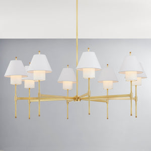 Close-up of the Glenmoore Chandelier 48.5" x 26.25" in aged brass showing the frame, arms, and shade detail.