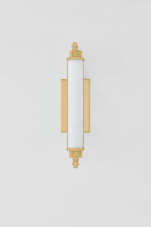 Plandome Bath And Vanity 4.25" x 18" in aged brass shown from the front to reveal the arm spread and shade silhouette.