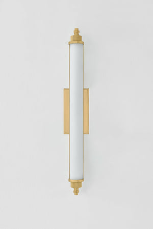 Plandome Bath And Vanity 4.25" x 28" in aged brass shown from the front to reveal the arm spread and shade silhouette.