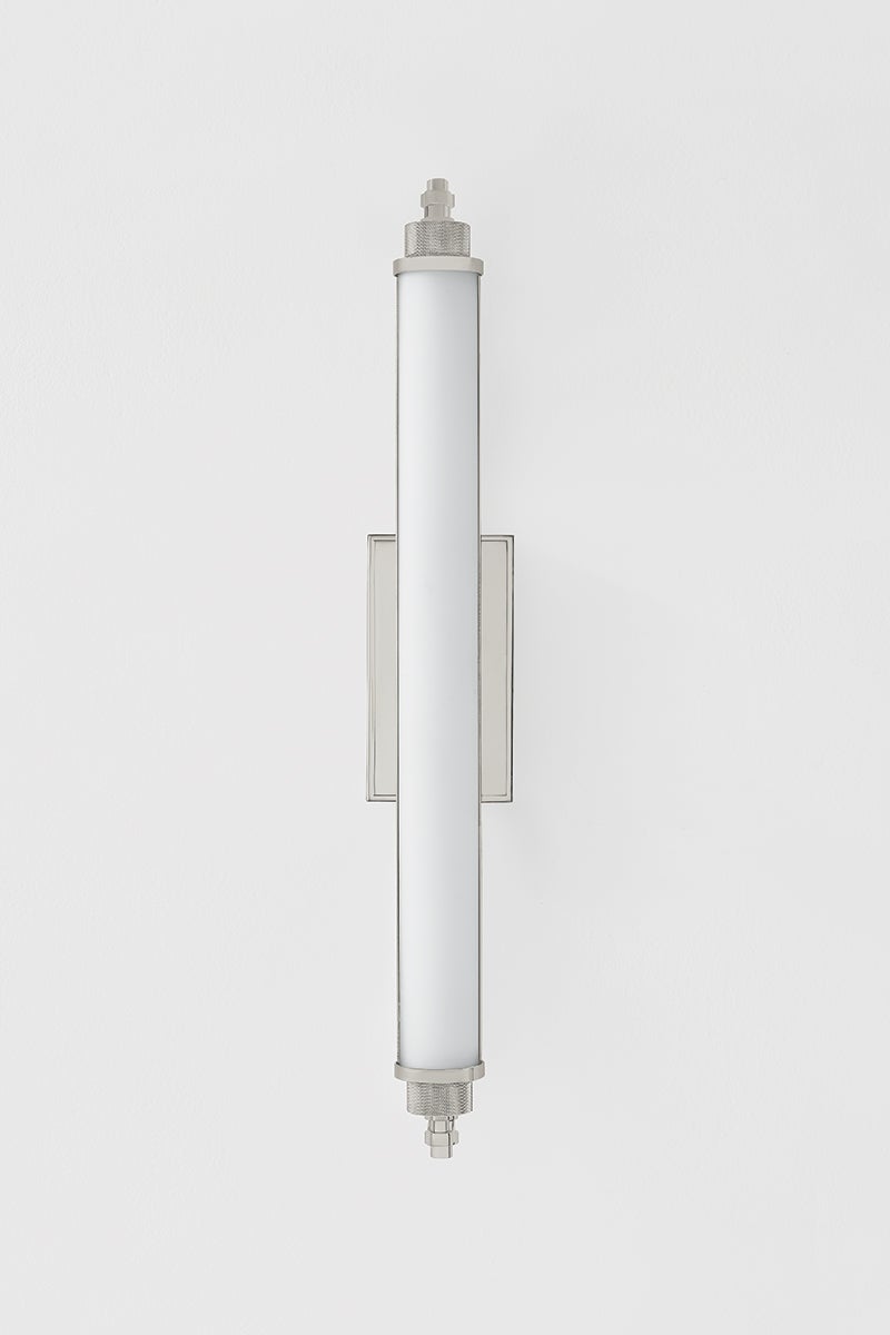 Close-up of the Plandome Bath And Vanity 4.25" x 28" in polished nickel showing the arm spread and shade silhouette.