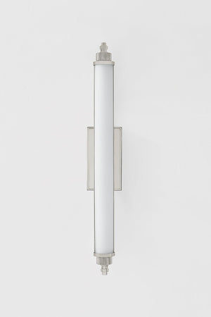 Close-up of the Plandome Bath And Vanity 4.25" x 28" in polished nickel showing the arm spread and shade silhouette.