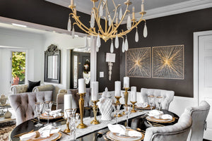 Prosecco Chandelier 34.75" styled in an elegant dining room for warm, layered light at Laurie Yapp Home.
