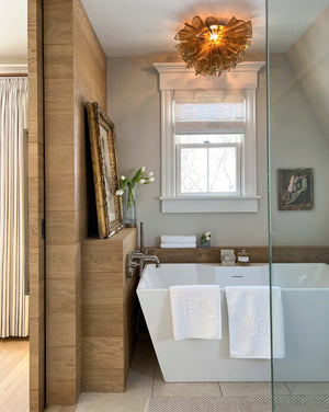 Pulse Semi Flush styled in an entryway for warm, layered light at Laurie Yapp Home.