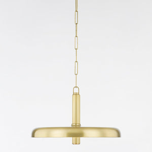 Reynolds Pendant 19.75" in aged brass shown from a second angle to highlight the shade shape and metal detail.