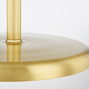 Reynolds Pendant 28" in aged brass shown from the front to reveal the shade shape and metal detail.