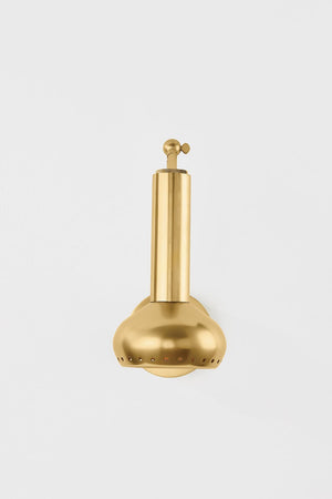 Roald Wall Sconce in aged brass shown from the front to reveal the arm curve and shade silhouette.