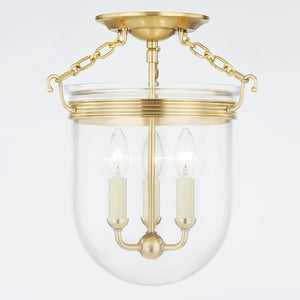 Rousham Semi Flush in aged brass shown from a second angle to highlight the shade profile and mounting canopy.