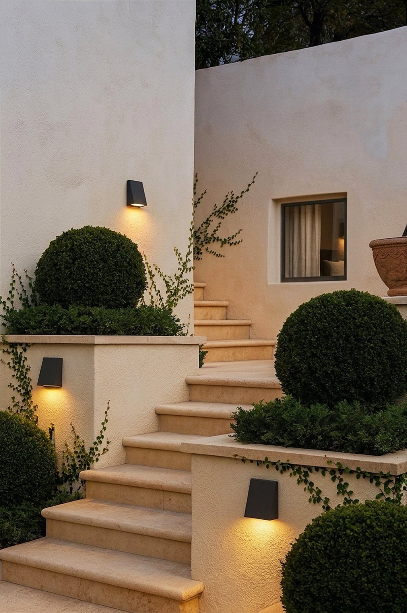 Roy Exterior Wall Sconce 6.25" styled in a warmly lit hallway for warm, layered light at Laurie Yapp Home.