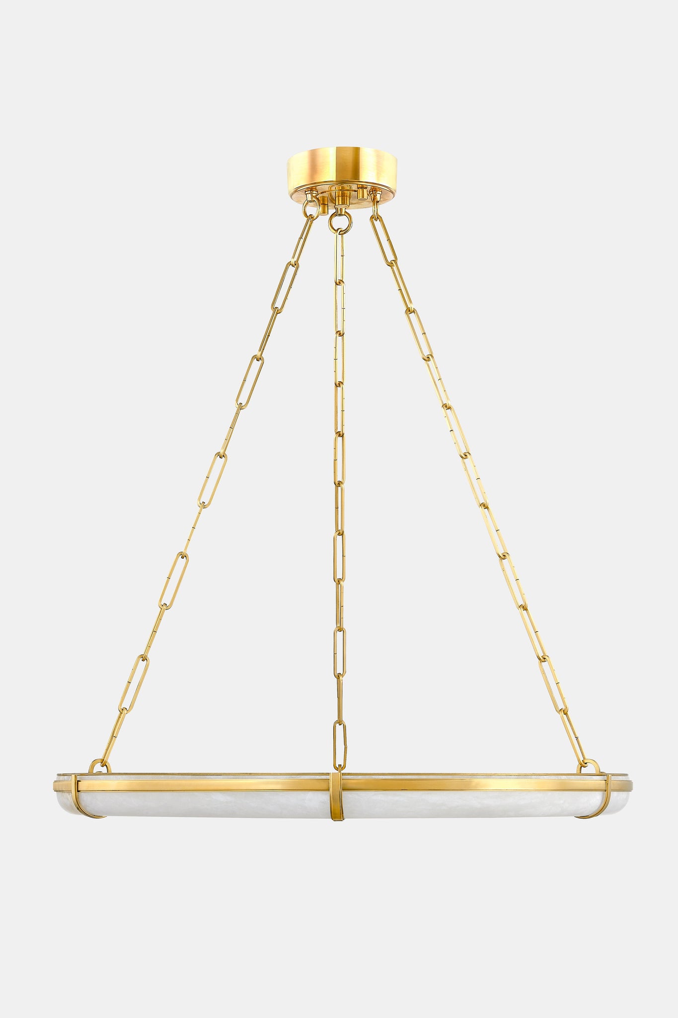 Sennett Chandelier 30.5" in aged brass shown from a second angle to highlight the frame, arms, and shade detail.