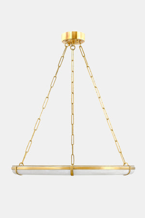 Sennett Chandelier 30.5" in aged brass shown from a second angle to highlight the frame, arms, and shade detail.