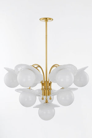 Stampford Chandelier in aged brass shown from a second angle to highlight the frame, arms, and shade detail.