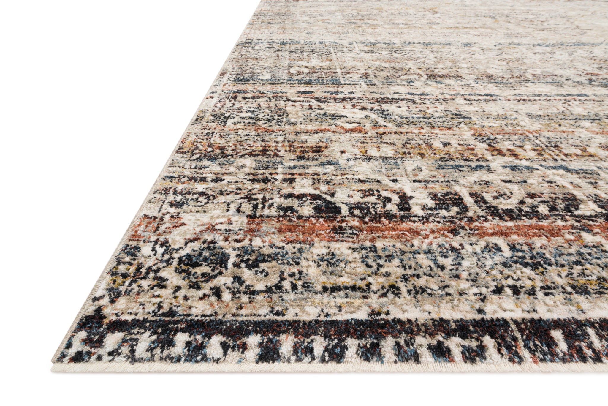 Side view of the Theia Taupe / Multi rug.