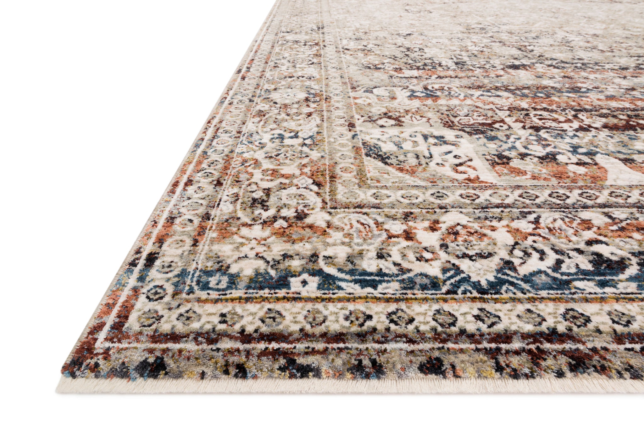 Side view of the Theia Taupe / Brick rug.