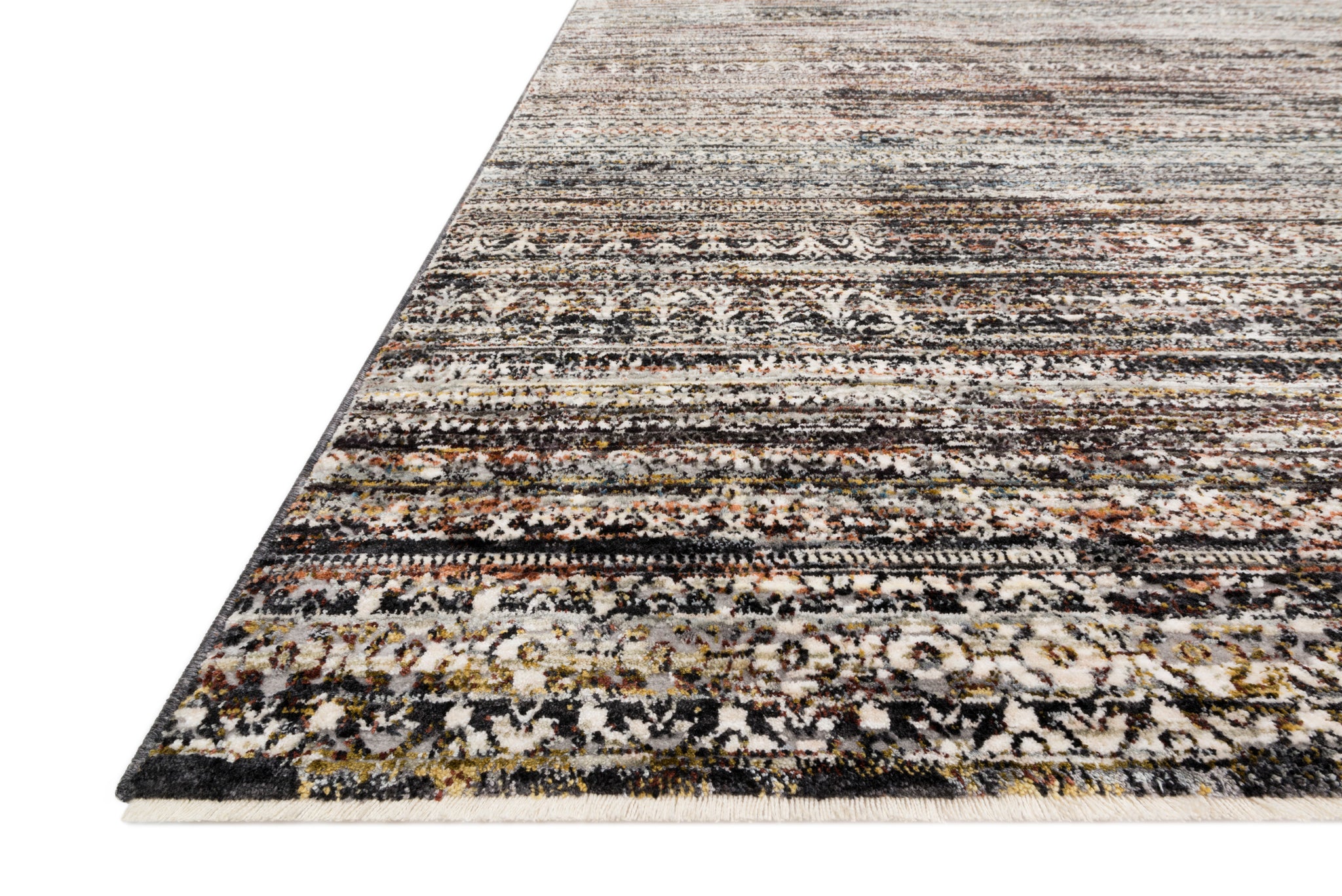 Side view of the Theia Grey / Multi rug.
