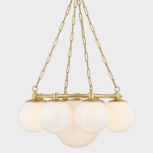 Thornwood Chandelier 29.5" in aged brass shown from a second angle to highlight the frame, arms, and shade detail.