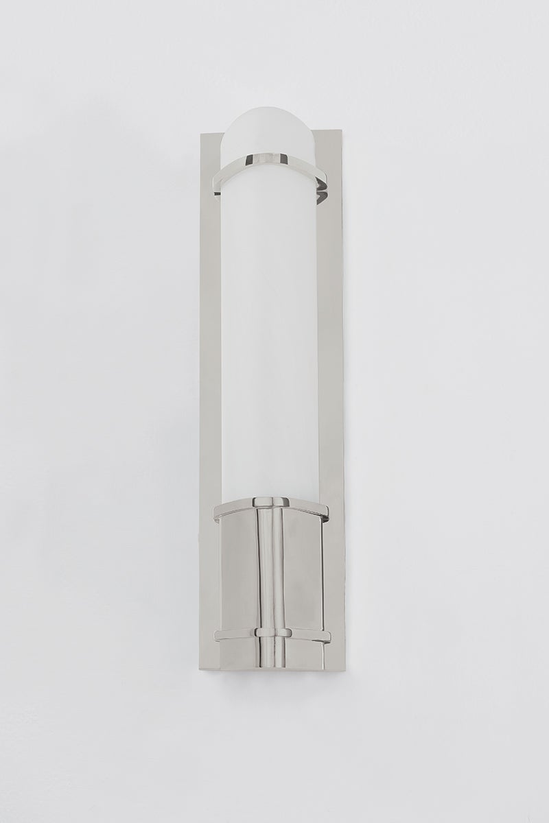 Close-up of the Tottenville Wall Sconce 4.25" x 16.25" in polished nickel showing the arm curve and shade silhouette.
