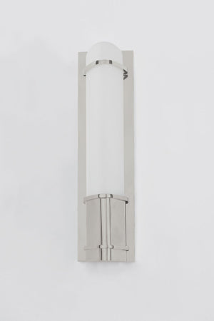 Close-up of the Tottenville Wall Sconce 4.25" x 16.25" in polished nickel showing the arm curve and shade silhouette.