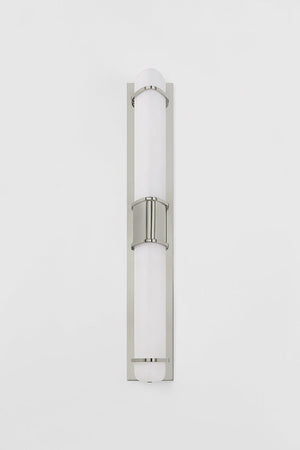 Close-up of the Tottenville Wall Sconce 4.25" x 27" in polished nickel showing the arm curve and shade silhouette.