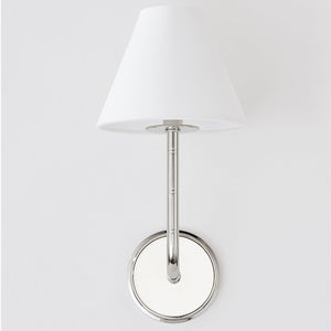 Close-up of the Trice Wall Sconce in polished nickel showing the arm curve and shade silhouette.