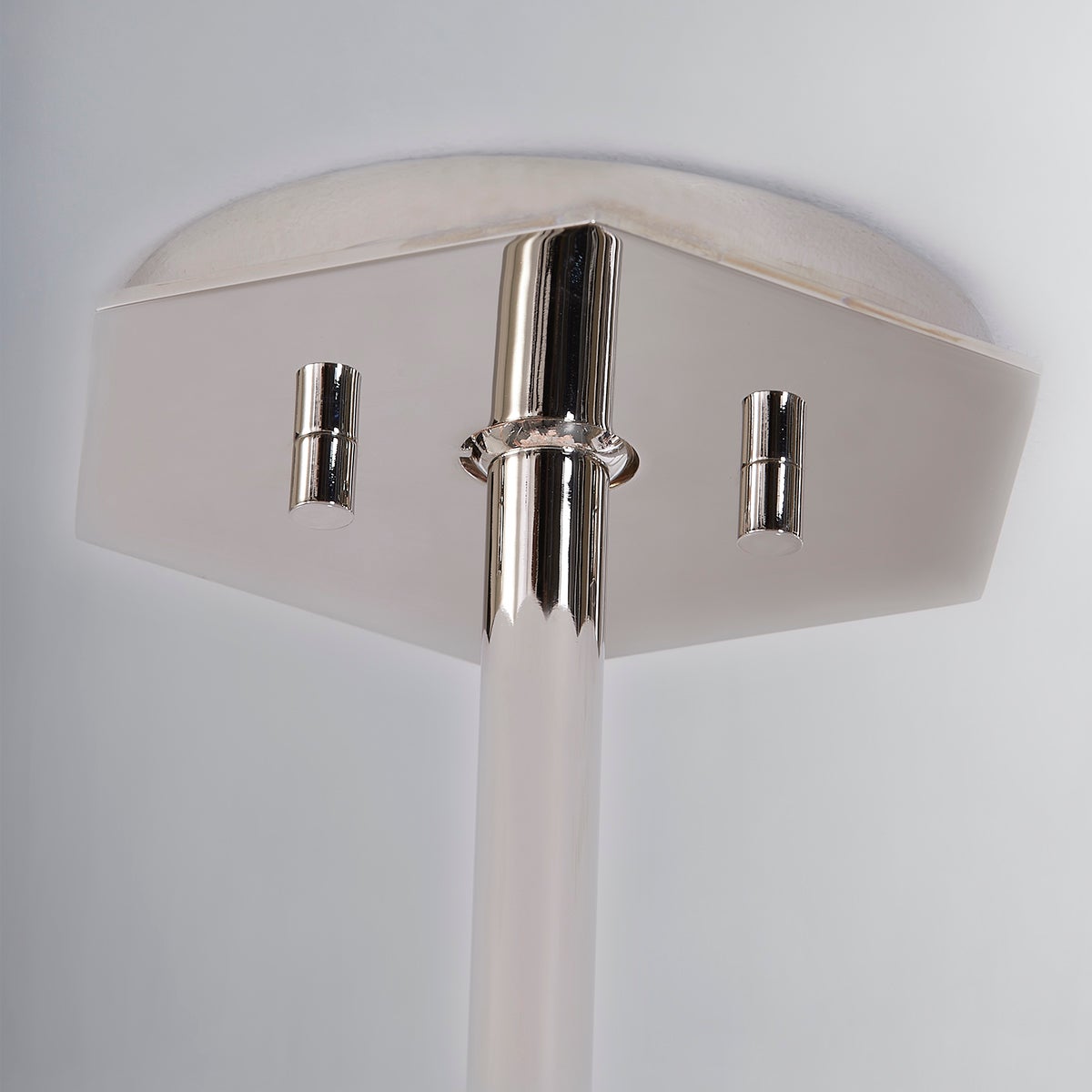 Close-up of the Tring Chandelier in polished nickel showing the frame, arms, and shade detail.