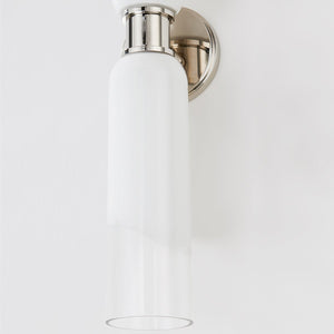 Close-up of the Wasson Wall Sconce in polished nickel showing the arm curve and shade silhouette.