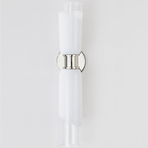 Close-up of the Wasson Wall Sconce in polished nickel showing the arm curve and shade silhouette.