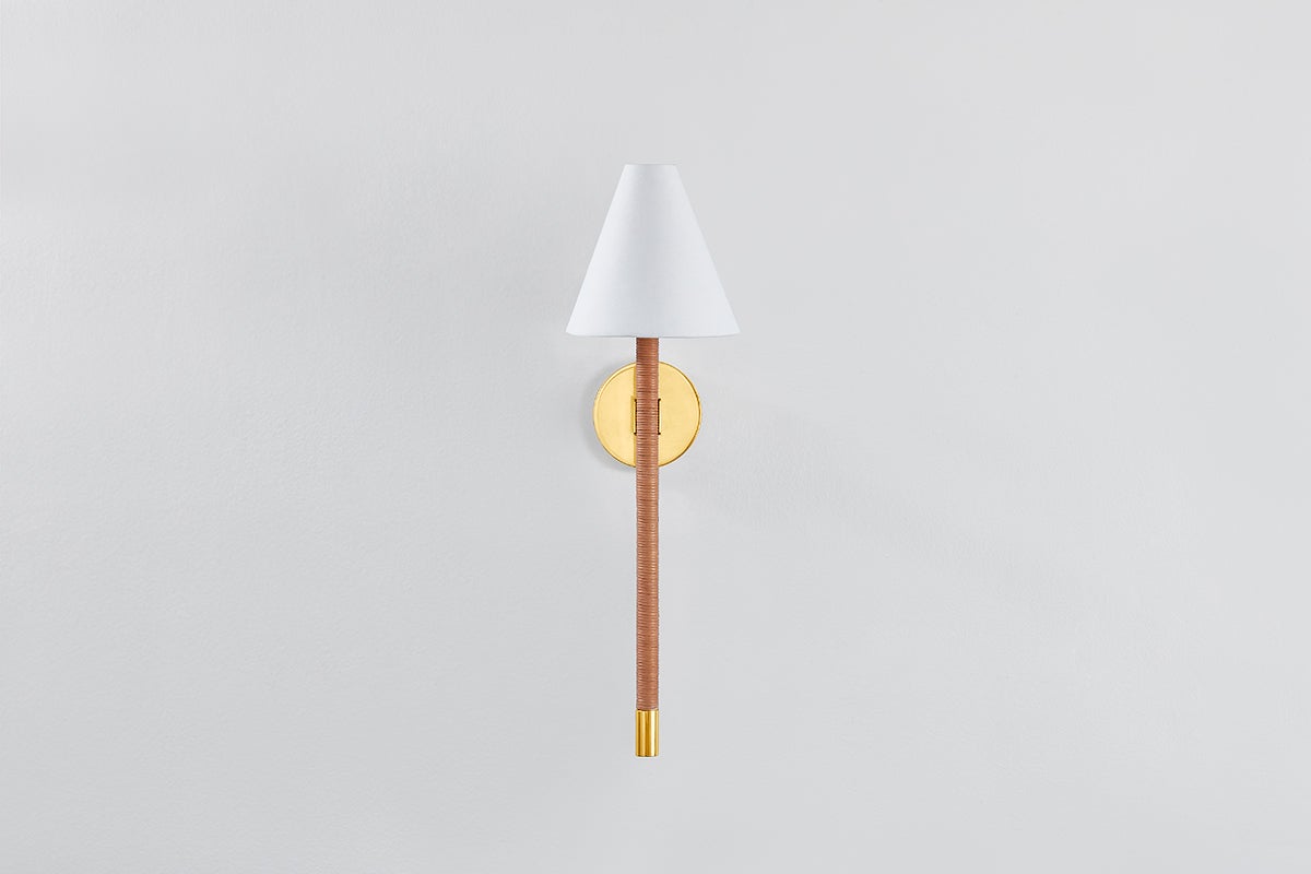 Watkins Wall Sconce in aged brass — a Hudson Valley wall sconce for bathrooms, hallways, and living rooms at Laurie Yapp Home.