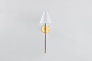 Watkins Wall Sconce in aged brass shown from a second angle to highlight the arm curve and shade silhouette.